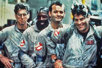 Harold Ramis, Ernie Hudson, Bill Murray, and Dan Aykroyd covered in the remains of the Stay Puft Marshmallow Man in Ghostbusters (1984)